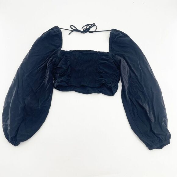 Urban Outfitters Bambi Ruched Cropped Blouse Womens Size S Black Puff Sleeve - Picture 3 of 6